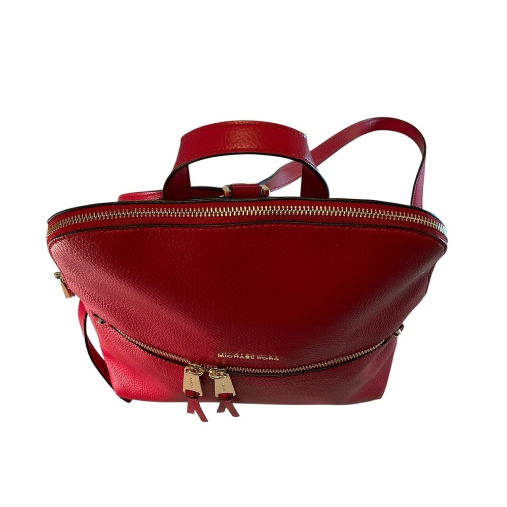 MICHAEL KORS Rhea Pebbled Leather Slim Backpack Solid Red Medium Bag - Picture 8 of 14